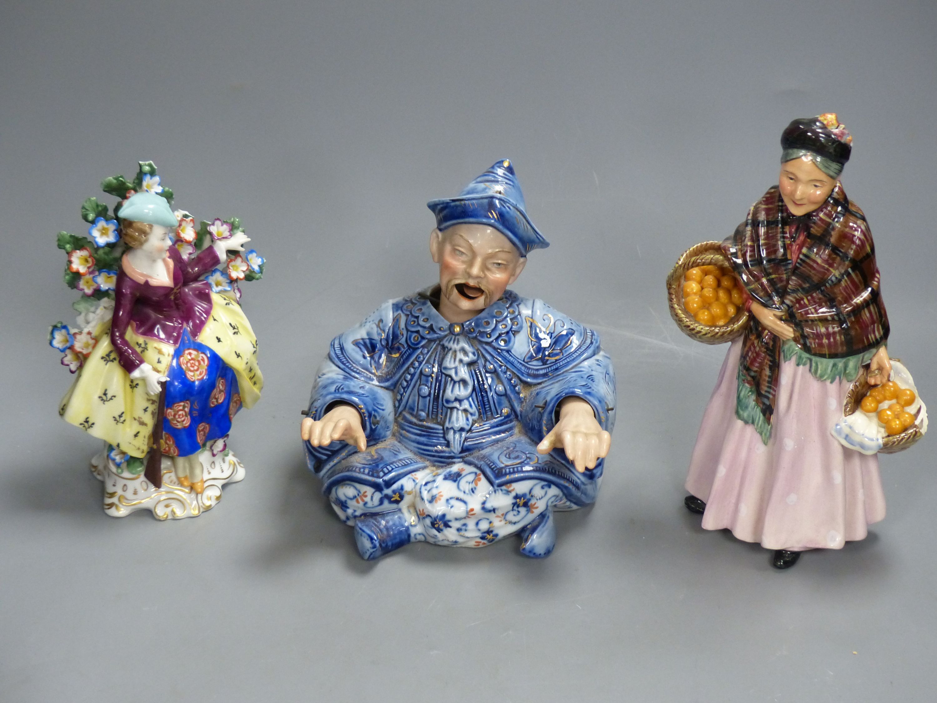 A Continental blue and white nodding figure of a Chinese man, two other figures and three other items